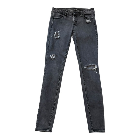 American Eagle Jeggings Size 4 Super Stretch Distressed Ripped‎ Black Wash Jeans - Picture 1 of 6